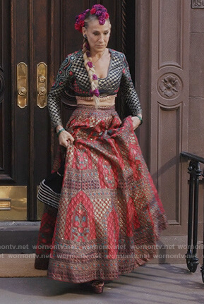 Carrie’s Printed top and skirt on And Just Like That