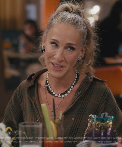 Carrie’s tile necklace on And Just Like That
