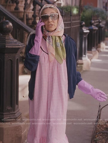 Carrie’s pink gingham check dress on And Just Like That