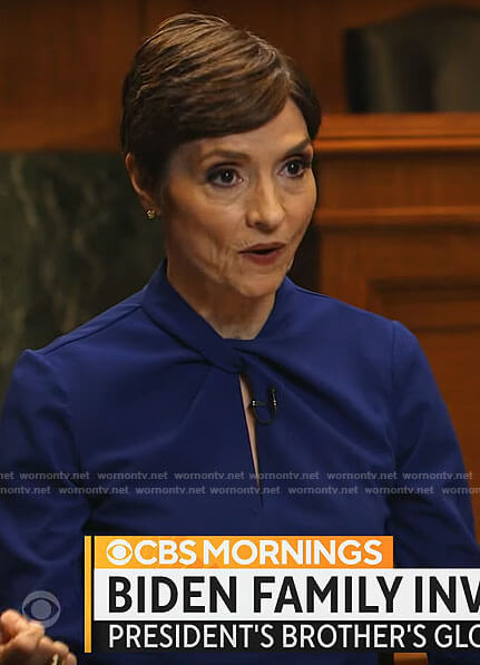 Catherine Herridge’s blue twist neck dress on CBS Mornings