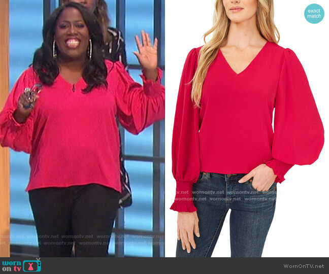 CeCe Long Sleeve V- Neck Blouse w/ Smocked Cuff worn by Sheryl Underwood on The Talk