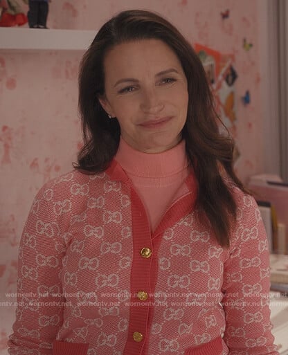 Charlotte’s pink Gucci logo cardigan on And Just Like That