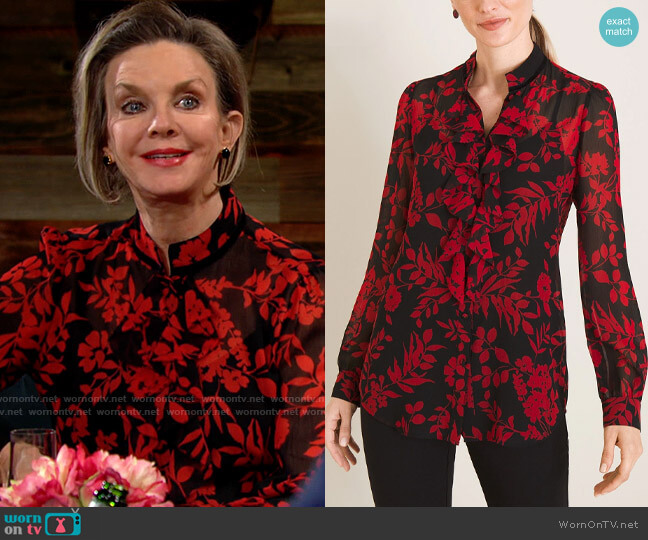 Chicos Floral-Print Ruffle-Front Blouse worn by Gloria Abbott Bardwell (Judith Chapman) on The Young and the Restless