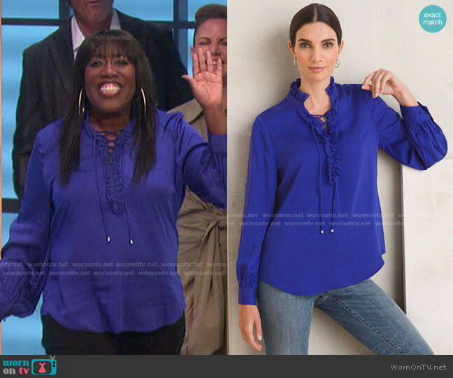 Chico's Sandwashed Satin Ruffle Blouse worn by Sheryl Underwood on The Talk