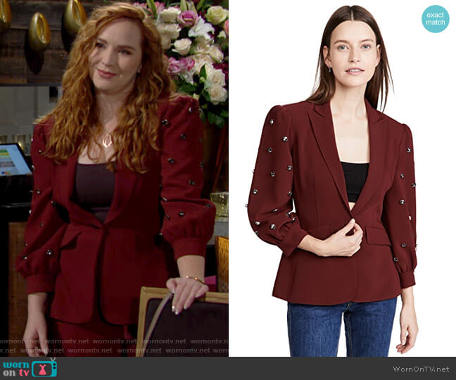Cinq a Sept Jeweled Amie Blazer in Sangria worn by Mariah Copeland (Camryn Grimes) on The Young and the Restless