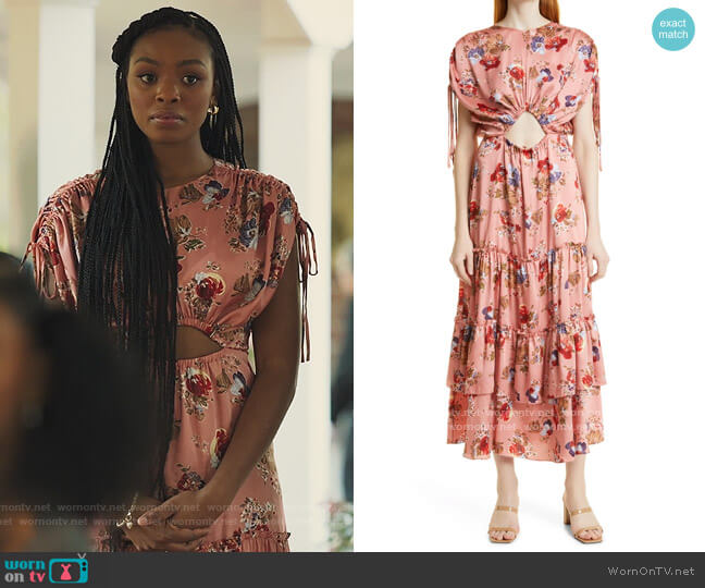 Cinq a Sept Martine Cutout Short Sleeve Tiered Dress worn by Nikki Vaughn (Alana Bright) on Our Kind of People