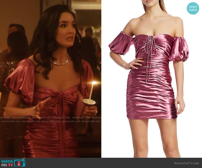 Tati Puff-Sleeve Ruched Satin Mini Dress bu Cinq a Sept worn by Bess (Maddison Jaizani) on Nancy Drew