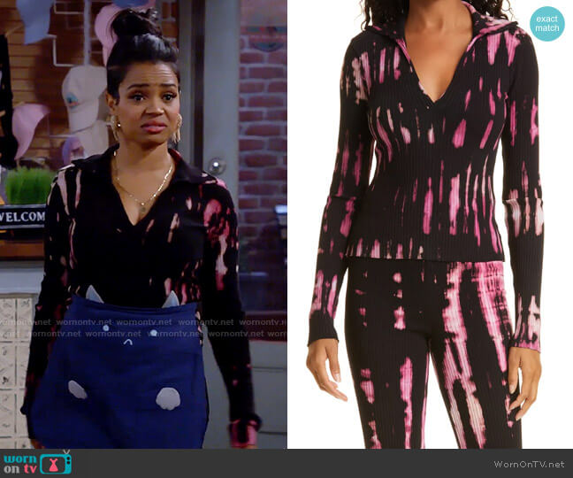 Cotton Citizen The Ibiza Tie Dye Polo in Lychee Stripe worn by Randi (Kyla Pratt) on Call Me Kat