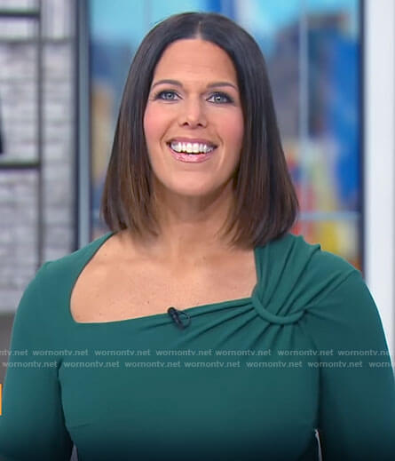 Dana Jacobson’s green cinched shoulder dress on CBS Saturday Morning