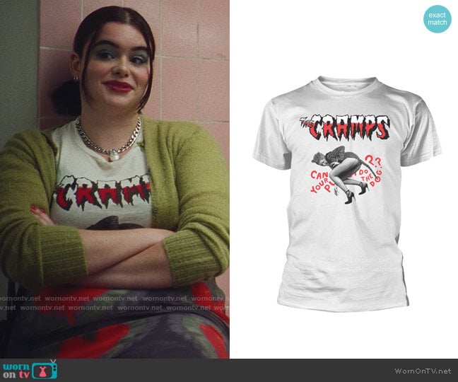 Dead by Mono THE CRAMPS Can Your Pussy Do The Dog T-Shirt worn by Kat Hernandez (Barbie Ferreira) on Euphoria