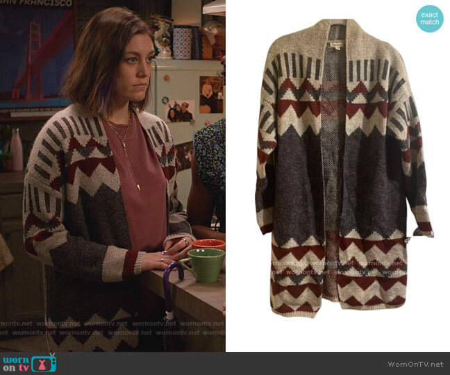 Dreamers by Debut Print Cardigan worn by Sarah (Caitlin McGee) on Home Economics