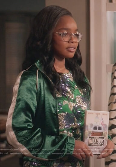Diane’s green metallic floral dress and jacket on Black-ish