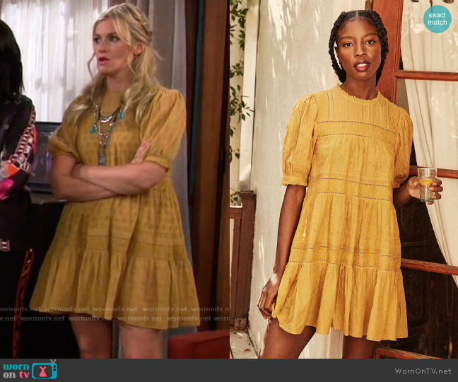 Doen Nerine Dress in Wheat worn by Gemma (Beth Behrs) on The Neighborhood