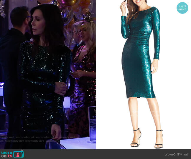 Dress the Population Emilia Sequin Long-Sleeve Ruched Dress worn by Anna Devane (Finola Hughes) on General Hospital