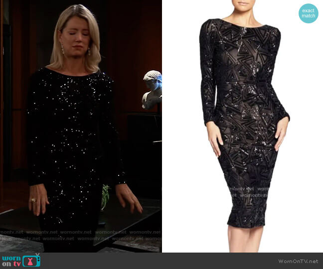 Dress the Population Emery Long Sleeve Sequin Cocktail Dress worn by Nina Reeves (Cynthia Watros) on General Hospital