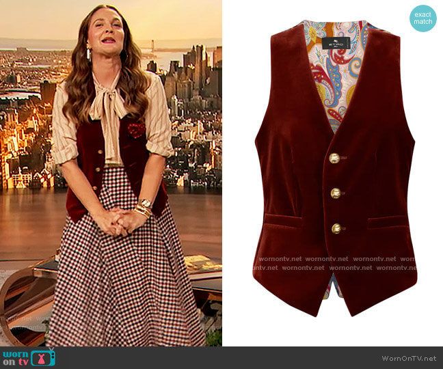 Etro Velvet Vest worn by Drew Barrymore on The Drew Barrymore Show