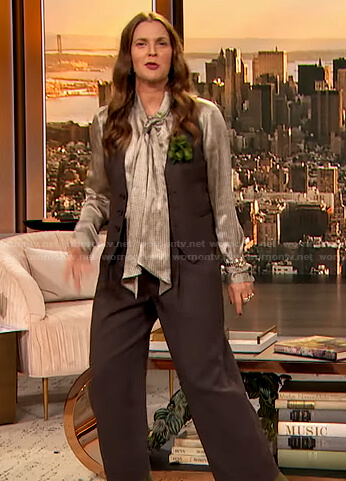 Drew’s tie neck blouse and brown vest on The Drew Barrymore Show