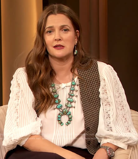 Drew’s white lace inset blouse and houndstooth blouse on The Drew Barrymore Show