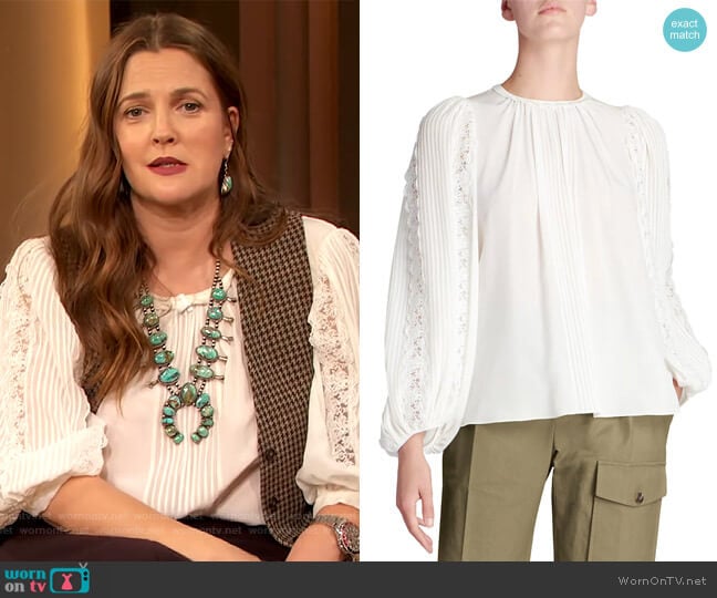 Chloe Silk Georgette Lace-Sleeve Top worn by Drew Barrymore on The Drew Barrymore Show