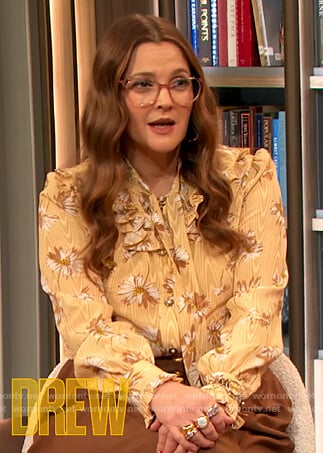 Drew’s floral tie neck blouse on The Drew Barrymore Show