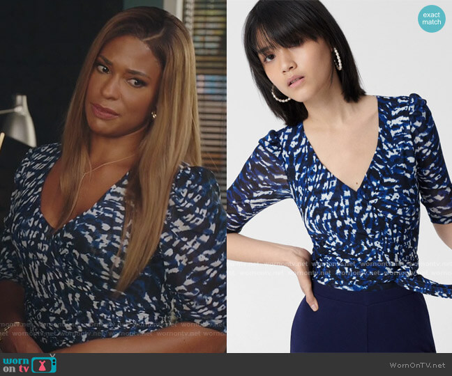 Diane von Furstenberg Abbie Mesh Faux-Wrap Bodysuit in Tie Dye Tiger worn by Mika (Kimrie Lewis) on Kenan