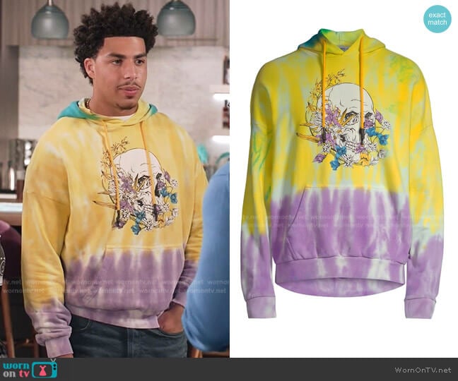 Eleven Paris Floral Skull Graphic Tie-Dye Hoodie Sweatshirt worn by Andre Johnson Jr (Marcus Scribner) on Black-ish