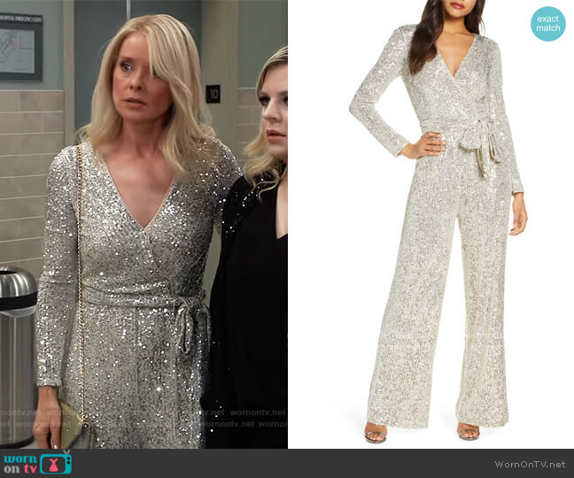 Eliza J Sequin Wrap Front Long Sleeve Jumpsuit worn by Felicia Scorpio (Kristina Wagner) on General Hospital