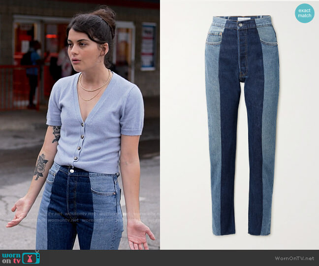 E.L.V. Denim The Twin frayed two-tone high-rise straight-leg jeans worn by Samantha Fink (Sofia Black-D'Elia) on Single Drunk Female