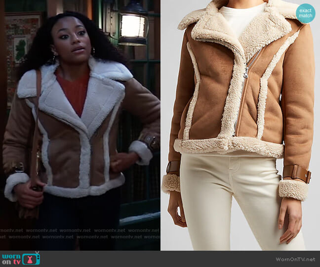 Express Faux Shearling Moto Jacket worn by Trina (Sydney Mikayla) on General Hospital