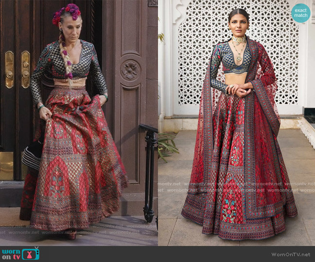 Falguni Shane Peacock Lekha Lehenga Set worn by Carrie Bradshaw (Sarah Jessica Parker) on And Just Like That