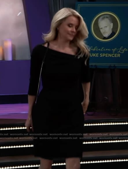 Felicia’s black asymmetric neckline dress on General Hospital