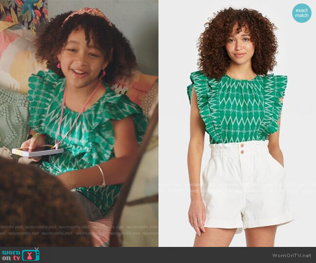 Universal Thread Flounce Sleeveless Embroidered Ruffle Blouse worn by Bridget Williams (Dannah Lane) on Kenan