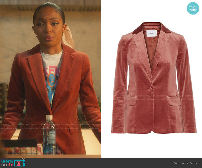 Frame Classic One-button Velvet Blazer worn by Zoey Johnson (Yara Shahidi) on Grown-ish
