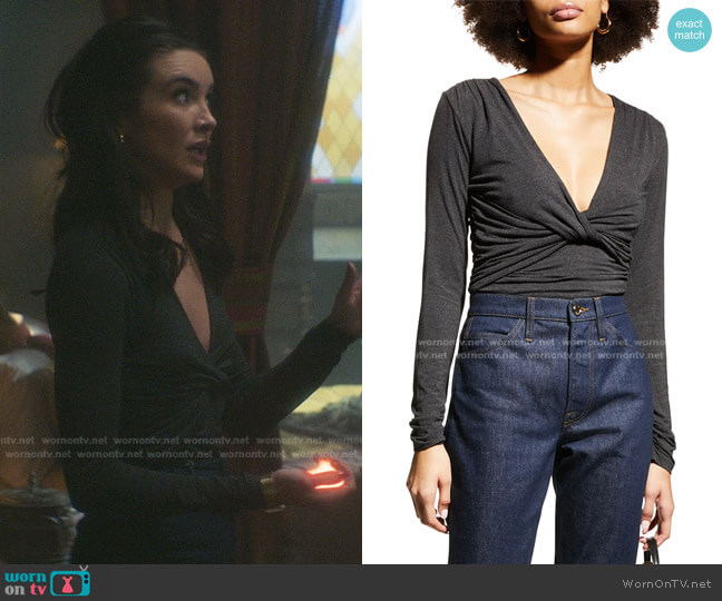 Frame Layered Wrap Long-Sleeve Tee worn by Bess (Maddison Jaizani) on Nancy Drew