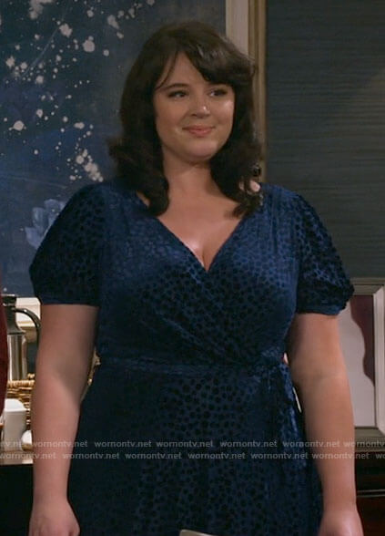 Gabby’s blue velvet dotted wrap dress on B Positive