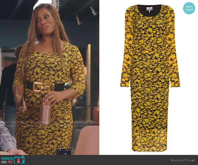 Ganni Floral Print Midi Dress worn by Mika (Kimrie Lewis) on Kenan