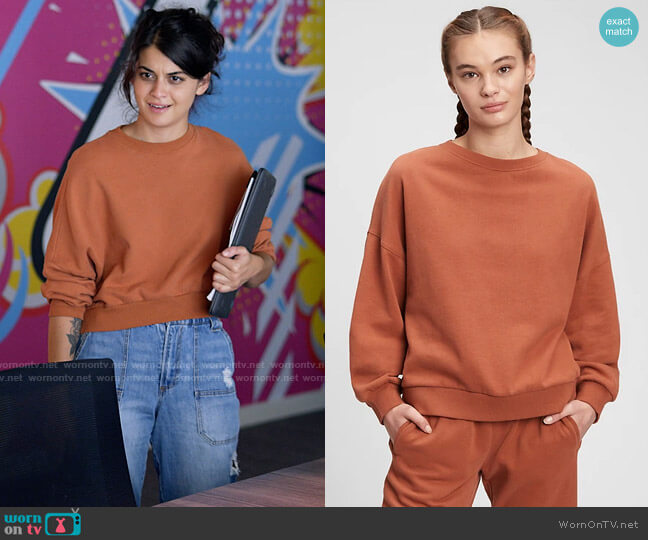 Gap Vintage Soft Crewneck Sweatshirt in Saddle Brown worn by Samantha Fink (Sofia Black-D'Elia) on Single Drunk Female