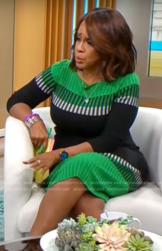Gayle King’s green and black colorblock knit dress on CBS Mornings