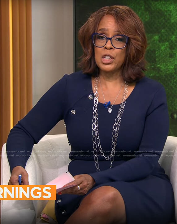 Gayle King’s navy buttoned knitted dress on CBS This Morning