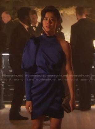 George’s blue one shoulder mini dress on Nancy Drew