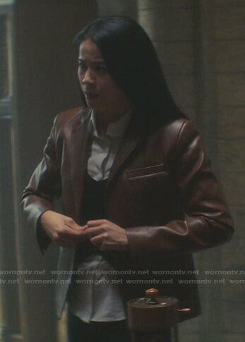 George’s brown leather blazer on Nancy Drew