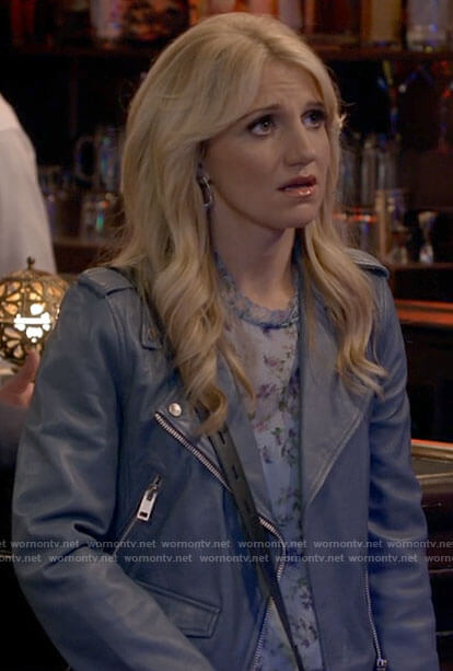 Gina’s grey leather moto jacket on B Positive