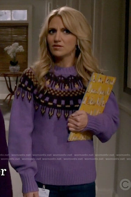 Gina’s purple fair isle sweater on B Positive