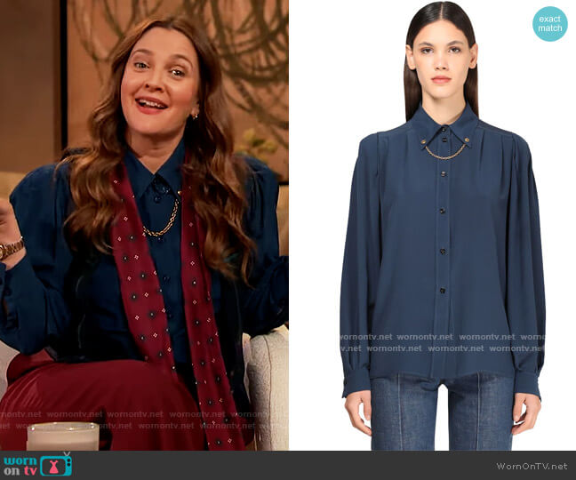 Givenchy Silk Crepe Shirt with Chain worn by Drew Barrymore on The Drew Barrymore Show