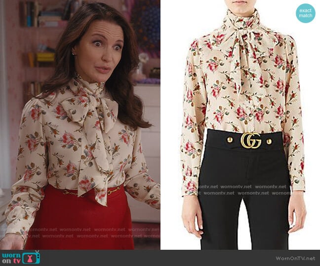 Gucci Rose Print Tie Neck Blouse worn by Charlotte York (Kristin Davis) on And Just Like That