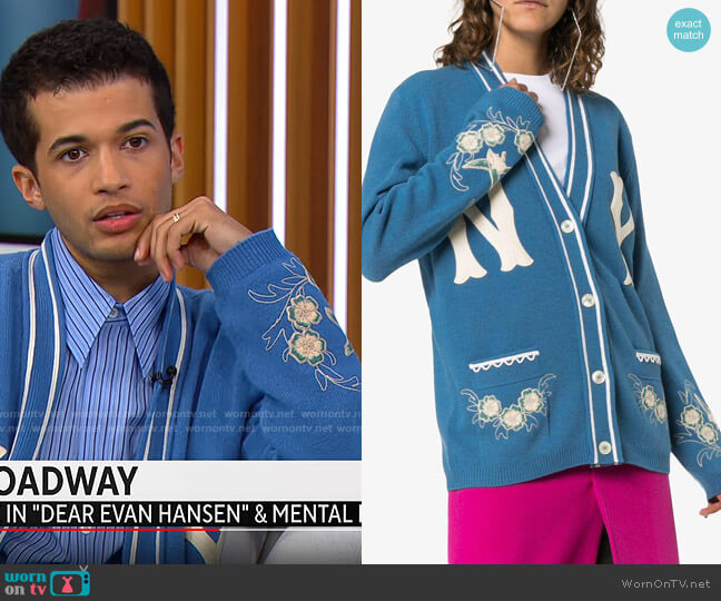 Gucci NY Yankees MLB V-Neck Wool Cardigan with Flower Appliques