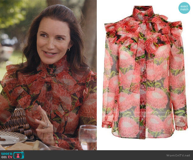 Gucci Floral Print Silk Blouse worn by Charlotte York (Kristin Davis) on And Just Like That