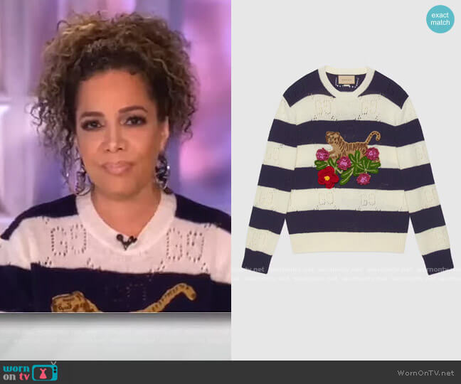 Gucci Tiger-embroidered striped wool sweater worn by Sunny Hostin on The View