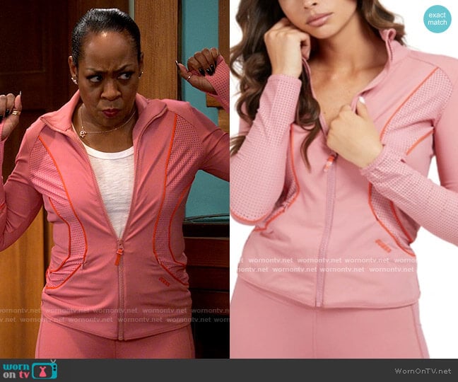 Guess Active Amethyst Mesh-Trim Zip Top worn by Tina Butler (Tichina Arnold) on The Neighborhood