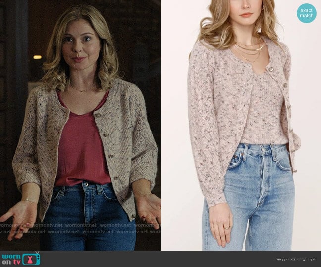 Heartloom Mali Cardigan in Blush worn by Sam (Rose McIver) on Ghosts
